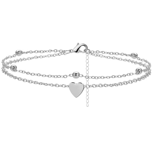 Bkemkri Tobillera, Tobillera de mujer, Colgante de acero inoxidable en forma de corazón, Tobillera doble de plata para mujer, Pies de plata ajustables de acero inoxidable