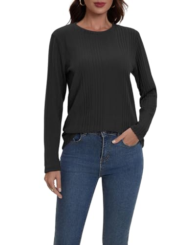 Suncife Derssy - Camisetas informales de manga larga acanaladas para mujer, Negro, M