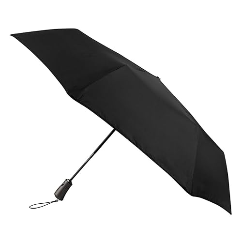 totes® ECO-BRELLA® X-TRA STRONG PLUS Auto Open Umbrella, 100% Recycled Fabric, UPF 50+ Sun Protection, Wind-Resistant, Reinforced Frame, PFC-Free Water Repellent Anti-Microbial Handle, Black