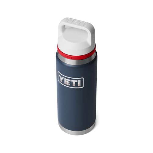 Image of YETI Rambler 26 oz Bottle, Leakproof, Vacuum Insulated, Stainless Steel with Chug Cap, Navy /Rescue Red /White /Badge