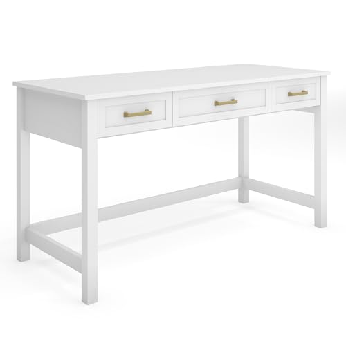 Martha Stewart Hutton Shaker Style Home Office Desk with 3 Drawers in White with Polished Brass...