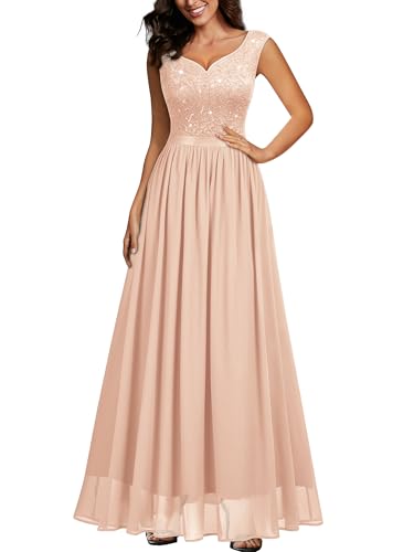 Image of Miusol Women's Sexy Deep V-Neck Sequin Lace Double Sleeveless Evening Party Maxi Dress
