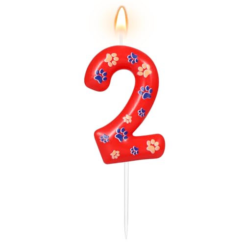 AKURIEEY Dog and Cat Paw Birthday Candles Red Blue and Yellow Numbers 2 Candle Cake Topper Cupcake Decorations for Pet Theme Party Decor Anniversary Celebrations Supplies