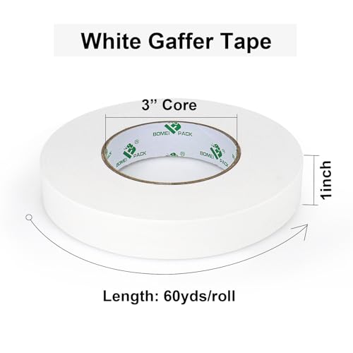 Image of BOMEI PACK White Gaffer Tape, Matte Non-Reflective, 1inch x 60yds No Residue Hand Tear Self-Adhesive Gaffer Tape for Labeling, Cable, Stage, Photo Studio, Painters and Duct Repair, 1 Pack