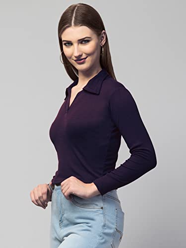 Image of Ribbed Polo Collar Full Sleeves Tops for Women