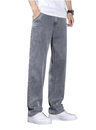 Men's Summer Lightweight Lyocell Straight Loose Jeans Breathable Gray Casual Soft Denim Trousers
