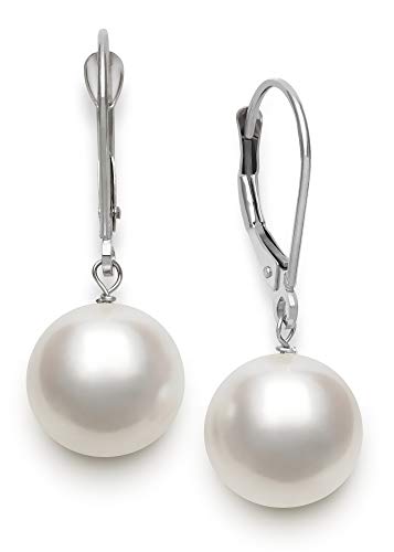 Belacqua White Cultured Freshwater Pearl Round Dangle Drop Earrings in 14K White Gold, Leverback - Closure, Real Pearl Jewelry for Women, Gift Box Included2