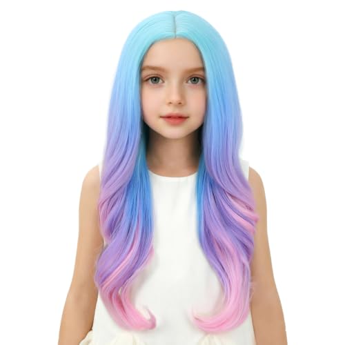 Image of Rainbow Wig for Kids Girls Long Colorful Wavy Curly Wig Children Multi Color Middle Part Wigs Heat Resistant Synthetic Wigs with Cap