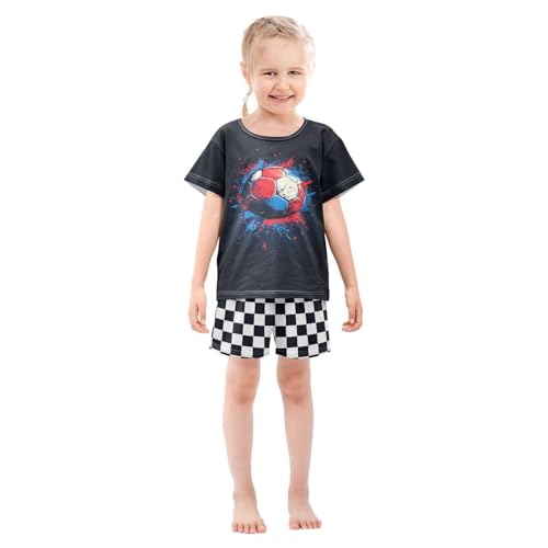 Checkerboard Plaid Soccer Ball Pajama Set Short Sleeve Summer Pajamas Sleepwear Nightwear Set Cotton 5Y3