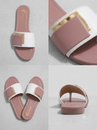 Image of Women's Slide Sandals with Square Gold Buckle, White & Grey