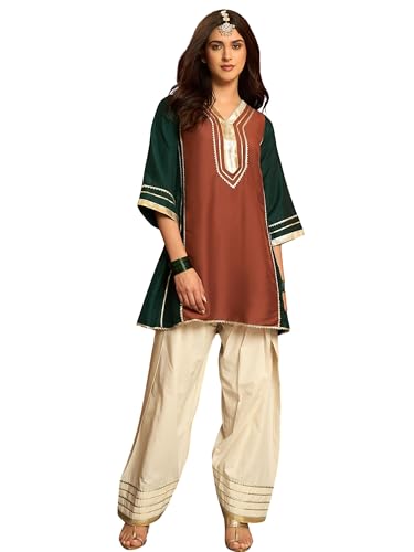 Image of EthnicJunction Women's Cotton Silk gota Patti Work High-Low Kurti with farshi Salwar | Co Ord Set for Women Stylish | Festival wear | Kareena Kappor Kurta Set | Wedding | Ethnic Kurta Set