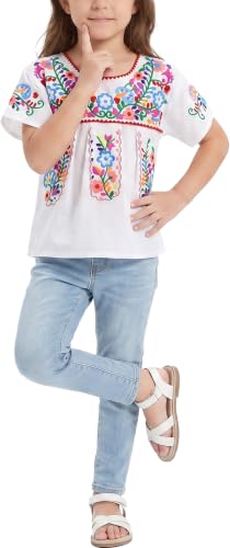 Image of YZXDORWJ Mexican Blouse for Girls Traditional Embroidered Summer Short Sleeve Peasant Blouse for Kids