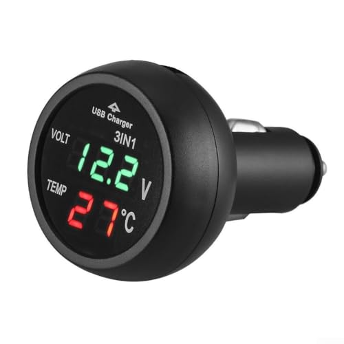 Cargador de coche multifuncional con pantalla LCD, control de la temperatura de tensión, 12 V, 24 V, compatible con voltímetro, termómetro, pantalla digital, color negro, 76 x 47 mm, fácil instalación