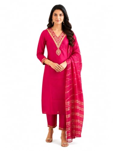 Image of NAZARIA Women's Pink Silk Blend Embroidered Straight Kurta Pant with Dupatta Set | V Neck Ethnic Kurta Set | 3 /4 Sleeves | Festive, Wedding, | Traditional Indian Ethnic Suit Set