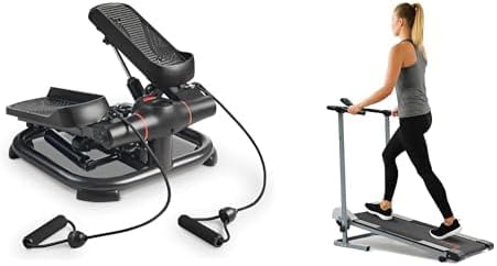 Sunny Health & Fitness 2-in-1 Premium Power Stepper with Resistance Bands + Foldable Manual Treadmill, Durable Non-Electric Incline Exercise