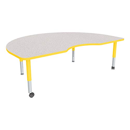 Image of Sprogs Adjustable Height Mobile Classroom Activity Table for Preschools, Kidney Preschool Activity Table with Casters, 48 inch L x 72 inch W x 23 inch H, Gray /Yellow