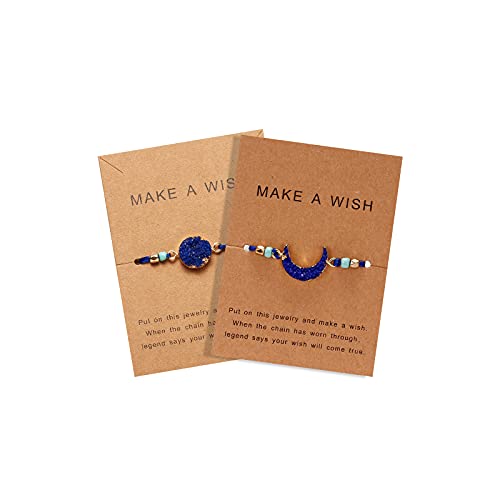 COLORFUL BLING 2pcs Resin Moon Crescent Round Natural Stone Bracelets Set Friendship Hand Woven Braided Stretch String Adjustable for Couples Lovers Personalized Wish Card Jewelry