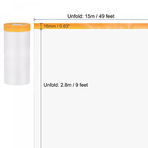 Image of uxcell Pre-Taped Masking Film, 9 ft x 49ft, Plastic Drop Cloth with High-Tack Painters Tape for Painting Protection Orange 3Pcs
