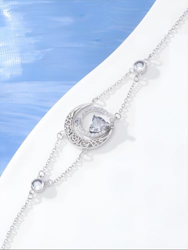 Image of Dorunmo 925 Sterling Silver Moon Heart Birthstone Anklet Bracelets for Women Best Mother's Day Birthday Jewelry for Wife Girlfriend Mom Her