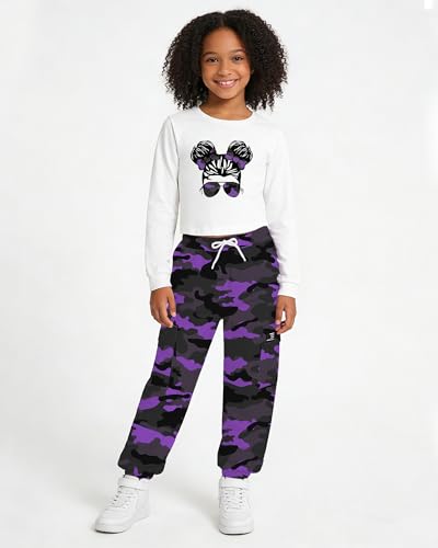 Image of Betusline Girls Fall Winter Clothing Sets, Long Sleeve Crop Top & Cargo Jogger Pants 2 Piece Outfit Sets,4T-14Y