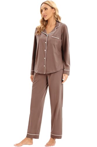 Image of LUBOT 100% Cotton Pajamas for Women Pajama Set Soft 2 Piece Sleepwear PJ Set Long Sleeve Knit Button Cozy Loungewear XS-XXL