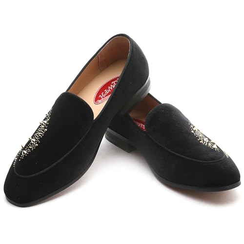 Men's Luxury Velvet Penny Loafers with Fashion Spiked, Casual Penny Loafers for Men, Noble Slip-on Dress Loafers Glitter Suede Smoking Slippers (Black)