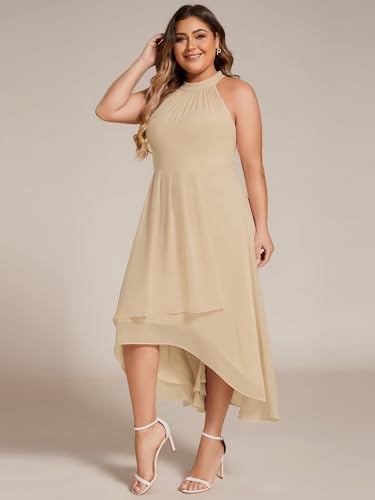 Image of Ever-Pretty Plus Women's Sleeveless Halter A Line Pleated High Low Plus Size Wedding Guest Cocktail Dresses 31926-DA
