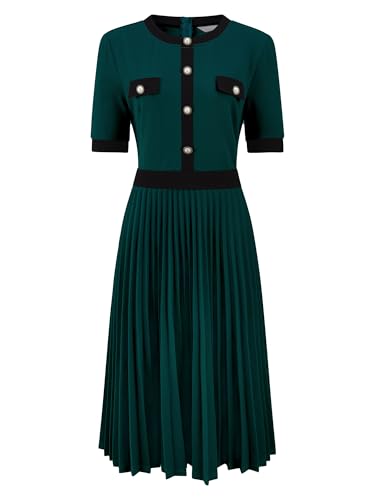 Image of Hobemty Women's Short Sleeve Pleated Dress 2025 Trendy Contrast Color Casual Work A-Line Midi Dresses
