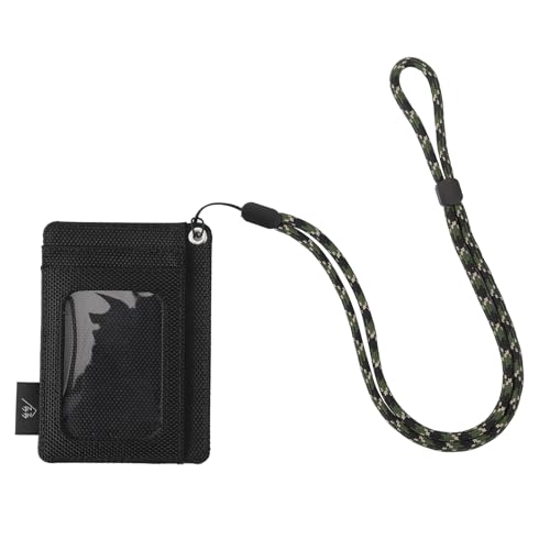 Slim Wallet Minimalist Front Pocket RFID Blocking Wallets for Men and Women, with Clear ID Window and Neck Lanyard (1680D Nylon-Black)