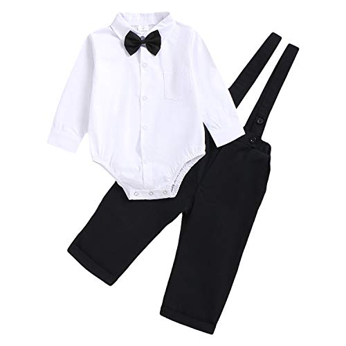 Baby Boys Gentleman Outfit Set, Infant Plain Shirt+Bowtie +Suspenders Pants for Toddler Casual Formal Wedding Birthday Party (White Long Sleeve Plain Black Pants, 3-6 Months)