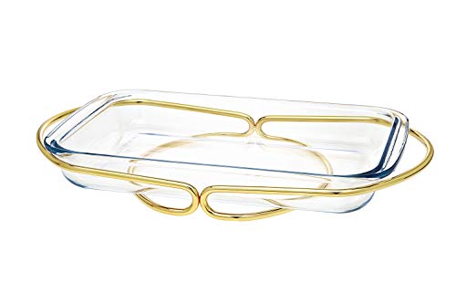 Oven to Table Glass Rectangular Baker Warmer Serving Piece with Woven Gold Base - 3 QT