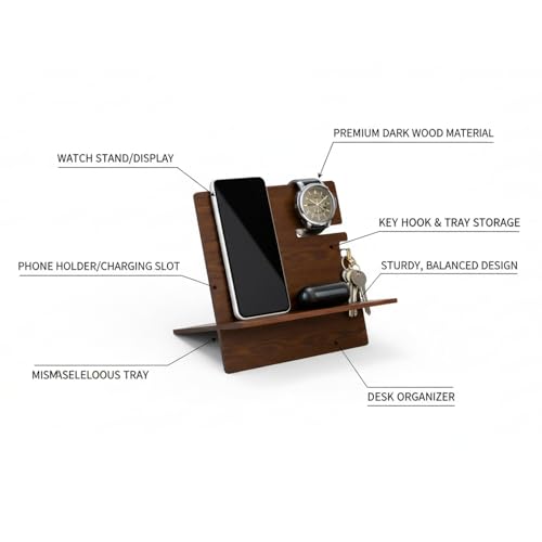 Image of Premium Wooden Docking Station for Men Mobile Stand with Key Hook and Earbud Tray Tabletop Desk Organizer for Office & Home | Size: 11 x 8 x 6 Inch