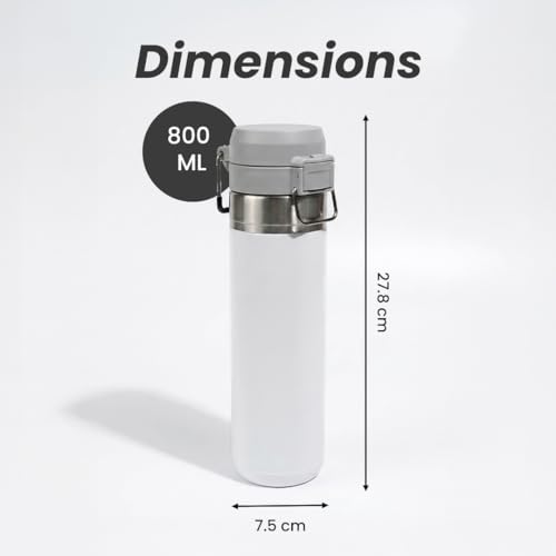 Image of HomeEssentials Insulated Stainless Steel Travel Mug, 800ml - Leakproof Vacuum Flask with One-Touch Lid, Double Wall Thermal Bottle Keeps Coffee & Tea Hot or Cold, Sleek White Design