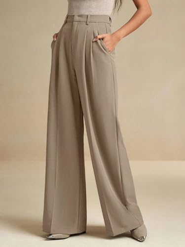 Image of KOTTY Women's High Waist Solid Color Hook and Bar Wide Leg Trousers Loose Comfort Trouser with Pockets