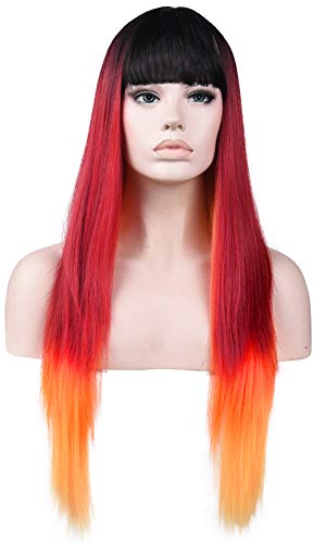 SEIKEA Women Color Wig Long Curly Hair Ombre with Root Girl Cosplay Costume Heat Resistant Synthetic Hairpiece (#135F-Black Red Orange)