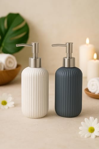 Image of LAGET 300ml Soap Dispenser for Wash Basin -Ribbed Design | Kitchen and Bathroom Accessories Items | Liquid Handwash Dispenser Bottle Chrome Finsih Top- Set of 2 (White and Metallic Blue)