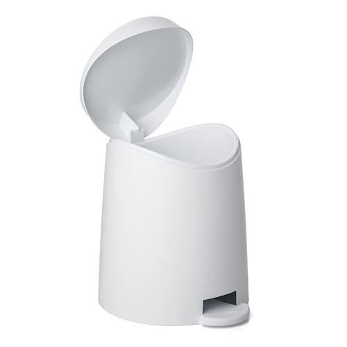Image of Superio Mini Bathroom Trash Can with Lid 3 Liter, Plastic Waste Bin 0.75 Gallon, Modern Flat Lid Step On Trash Can with Foot Pedal for Bathroom, Bedroom, Office, Under Desk, Soft Close (White)