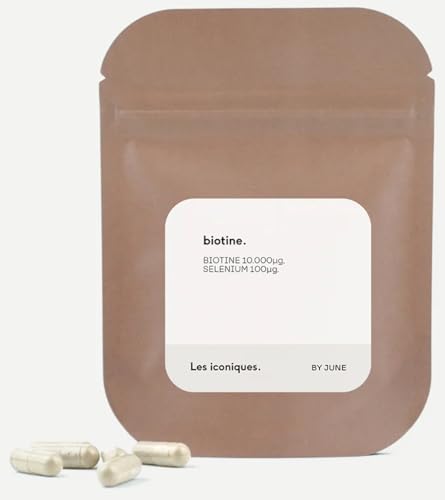 Biotine 10 000 µg + Sélénium, Favorise la Croissance des Cheveux et des Ongles, Cure de 1 mois, 60 Gélules Végétales, Vitamine B8, Formulé par des Docteurs en Pharmacie, Les iconiques de June.