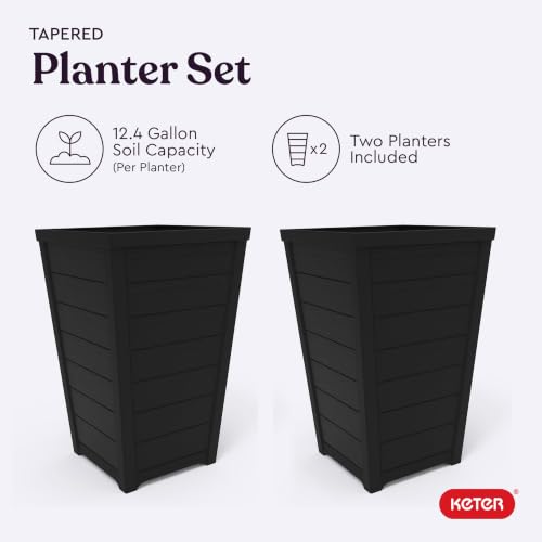 Keter Set of 2 Resin Modern Outdoor 22 Inch Tall Large Flower Pots, Tapered Wood Look Planters for Outdoor Plants and Front Porch Decor, Graphite by Keter - Used condition - Image 5