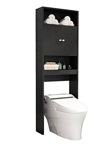 Hcman Over The Toilet Storage Cabinet - 77" H Over Toilet Bathroom Cabinet Organizer With Open Shelves And Double Doors, Black #TOP7
