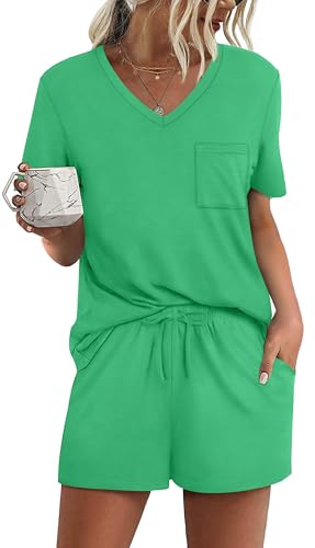 Image of RUBZOOF Women's Short Sleeve Pajama Sets with Pockets Casual V Neck 2 Piece Lounge Sets S-3XL
