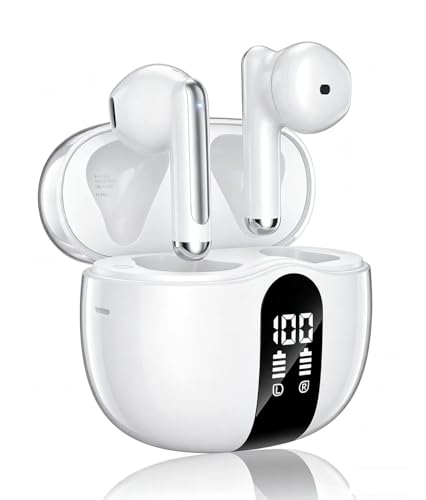 Image of Wireless Earbuds, Bluetooth 5.4 Headphones HiFi Stereo, Ear Buds with 50H Playback, LED Display Wireless Earphones Clear Calls for Laptop /Phones /Sports, White