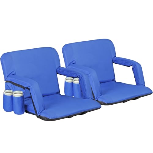 Smartxchoices 2 Pack Extra Wide Stadium Seats, Folding Bleacher Chairs, 6-Reclining Positions Padded with Back Support and Cushion, 2 Pockets & Cup Holders, Anchor Straps, Shoulder Straps, Blue