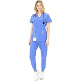 READY SET SCRUBS - Ceil Blue Scrubs for Women Set - V-Neck Scrub Top & Jogger Pants Set - 15 Pockets - Yoga Waistband - Soft & Stretchy - X-Large
