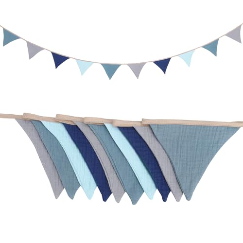 Xialvyu Banderines para habitación infantil de algodón, muselina y algodón, guirnalda de muselina para cama de casa, decoración, fiesta, decoración de pared, regalo (azul gris)