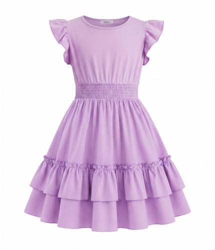 Image of Arshiner Girls Dresses Flutter Sleeve A-Line Sundress Casual Summer Tiered Swing Midi Pocket Dress