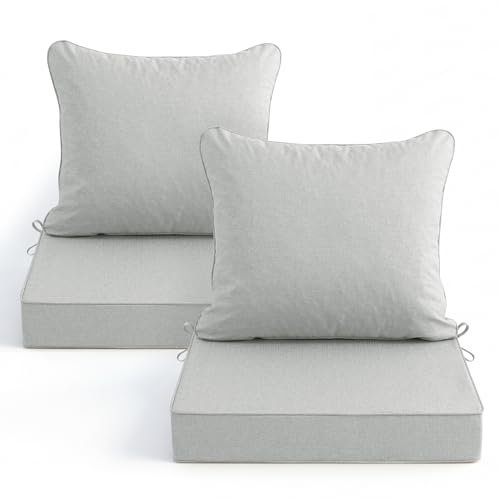 Image of Summsun Patio Cushions for Outdoor Furniture, Faux Linen Water Resistant Backrest and Seat Cushion Set with Non-Slip Bottom, Straps, Removable Cover, 19 x 19 Inch, Light Grey, Set of 2