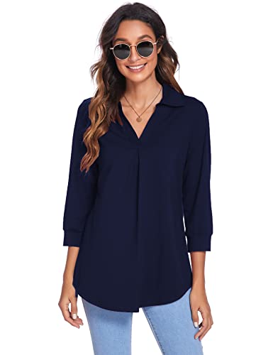 Newchoice Womens Collared V Neck 3/4 Sleeve Shirts Business Casual Tops Loose Work Blouses (S-3XL)3