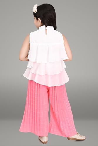 Image of Chiffon Self Design Printed Dress & Capri Set For Girls