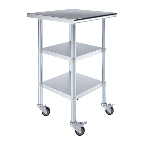 Image of AmGood Stainless Steel Work Table with 2 Shelves and Casters | Metal Utility Table On Wheels (Stainless Steel Work Table with 2 Shelves + Casters, 24 inch Long x 24 inch Deep)